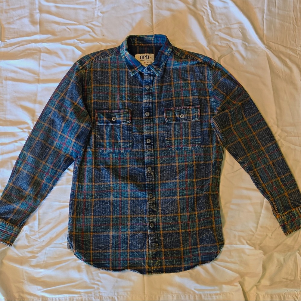 OPB Men's Plaid Flannel Cotton Long Sleeve Button-Up Pockets M Blue/Green #48